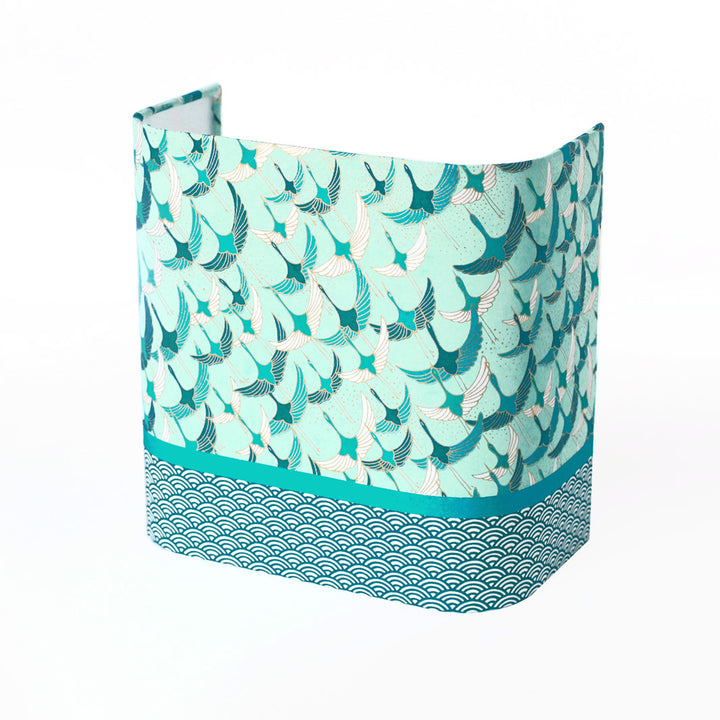 Applique murale japonaise 3 bandes - Envolée de Grues Bleues Canard, Fond Vert d'eau & Vagues Bleues Canard - M827 et M651