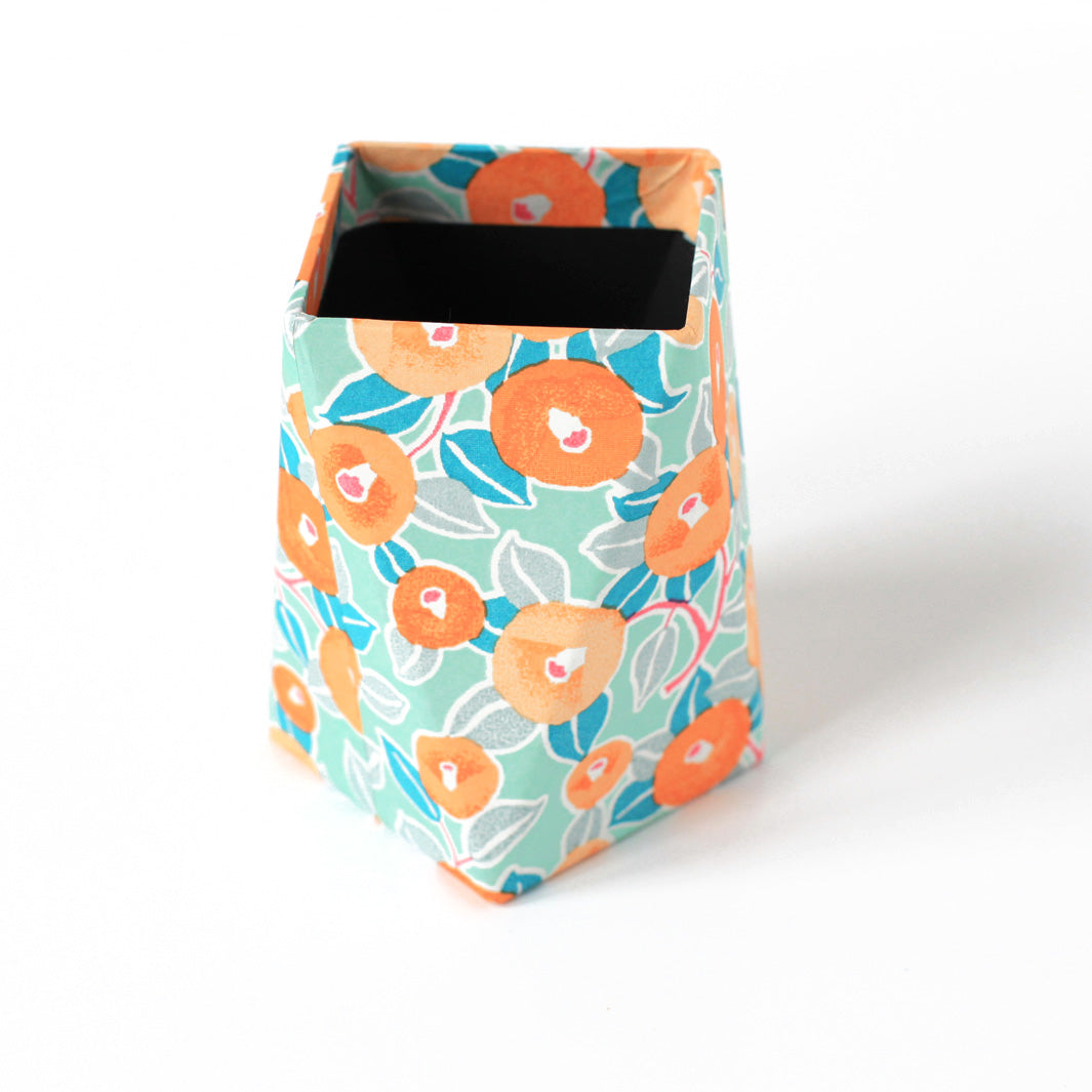 Papier Japonais - Camélias - Vert d'Eau, Orange et Bleu Gris - M807