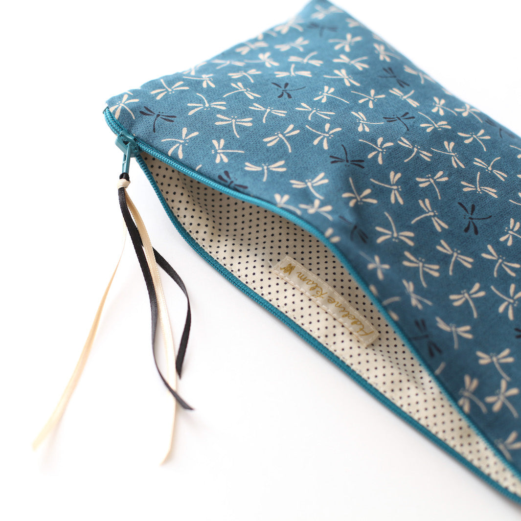 Trousse Plate en Tissus Japonais - Libellule - Bleu