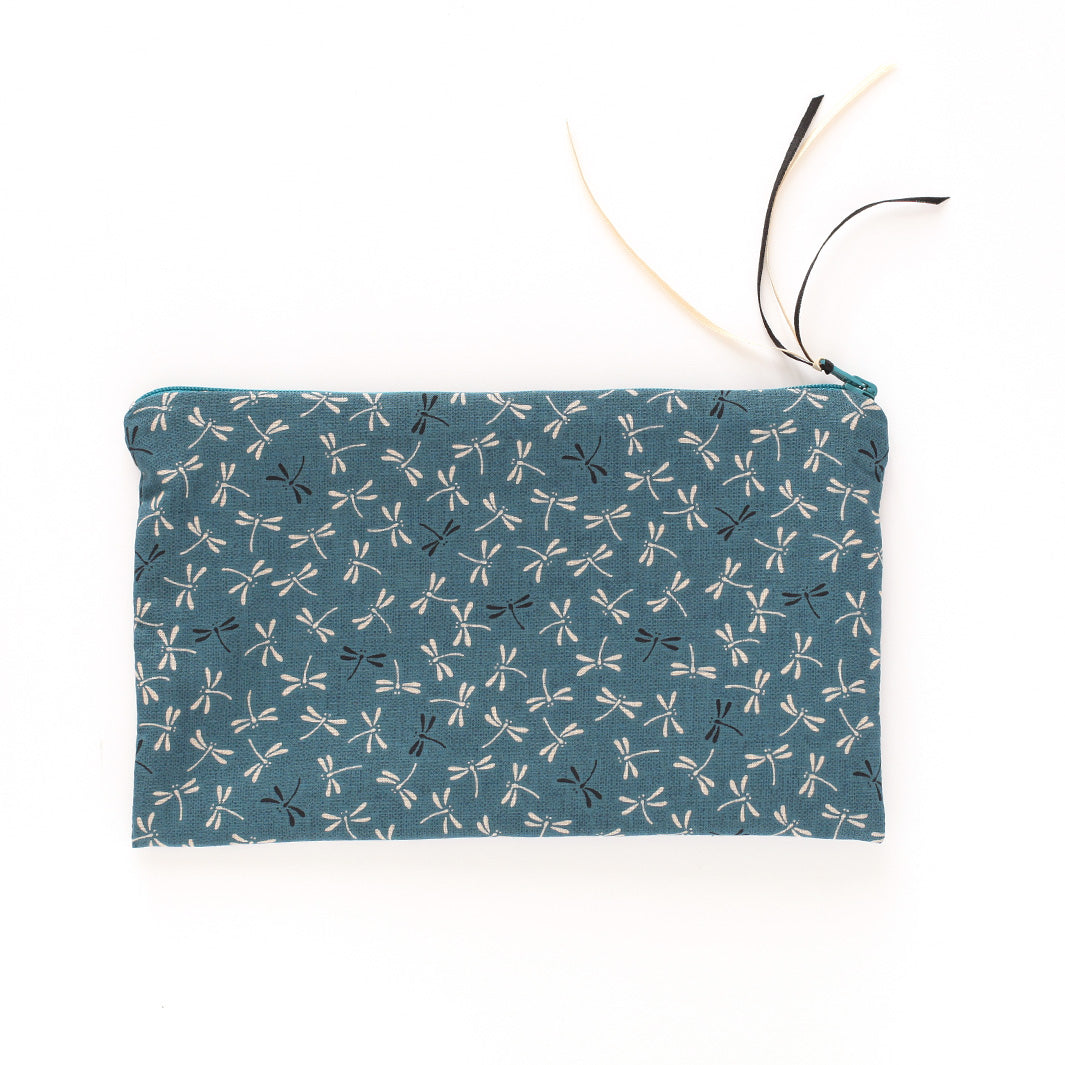 Trousse Plate en Tissus Japonais - Libellule - Bleu