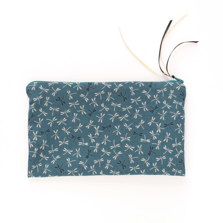 Trousse Plate en Tissus Japonais - Libellule - Bleu