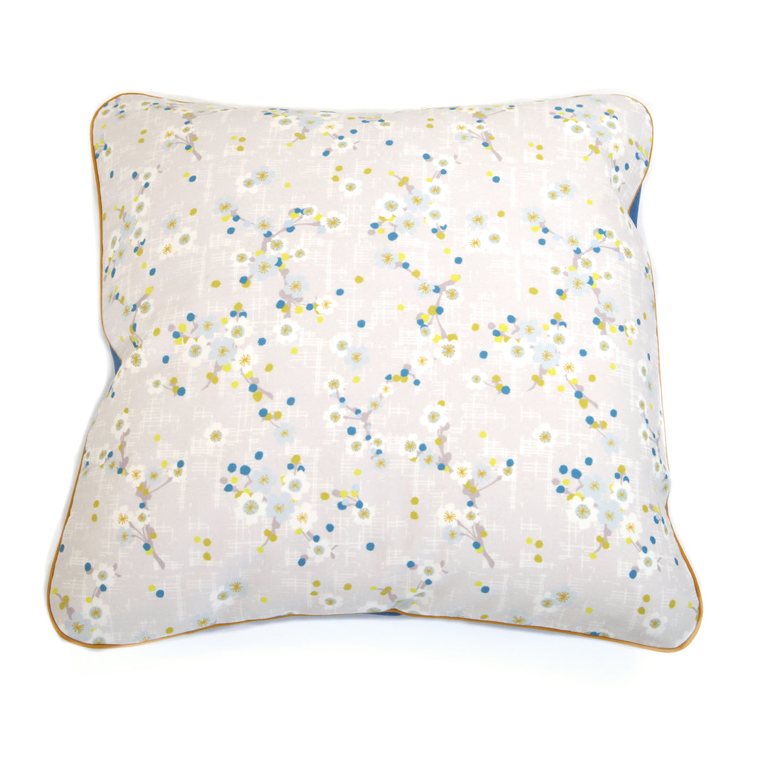 Grand Coussin Carré en Tissu - Fleurs de Cerisier et Uni - Gris, Jaune Moutarde, Vert Acidulé et Bleu