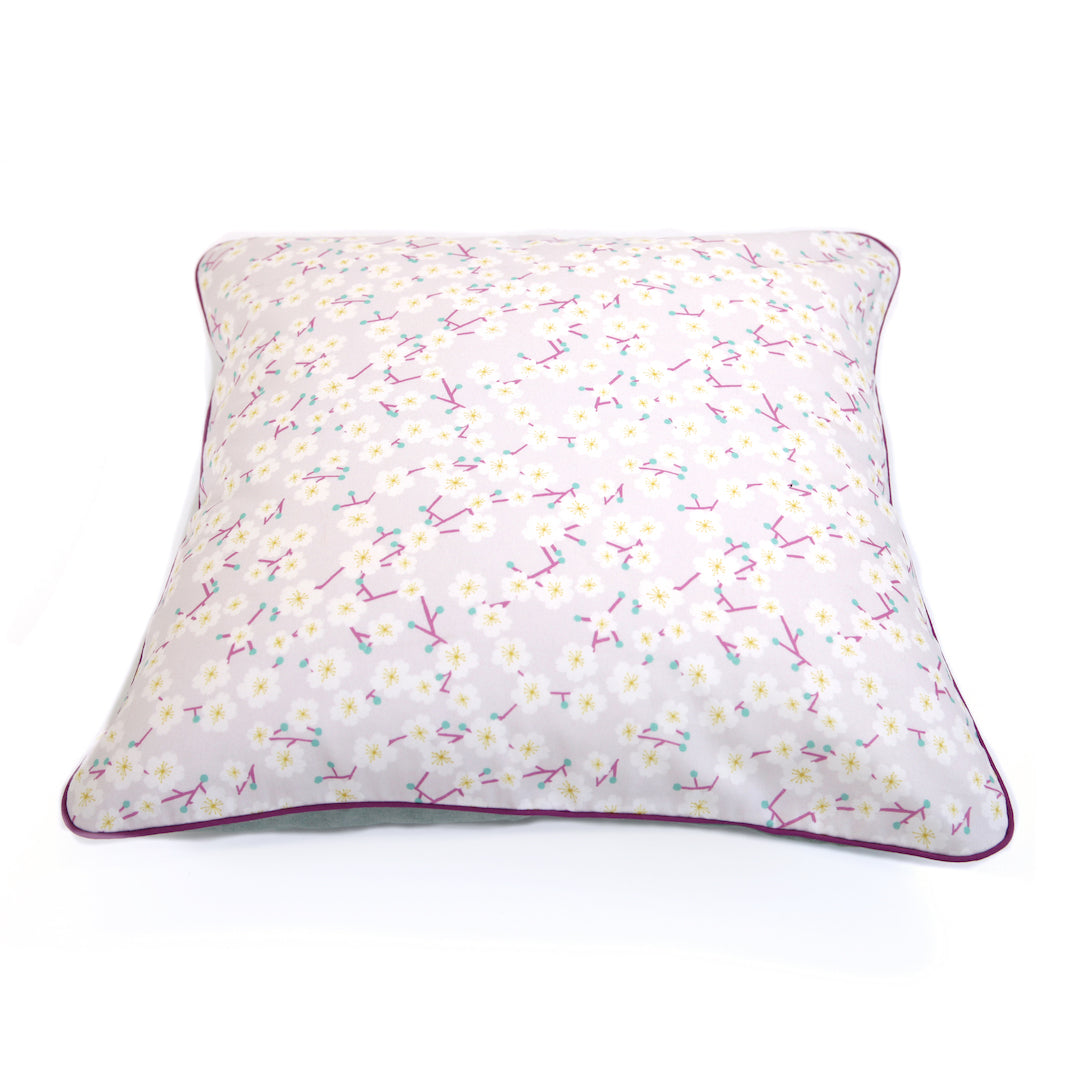 Grand Coussin Carré en Tissu - Fleurs de Cerisier et Uni - Mauve, Violet et Vert