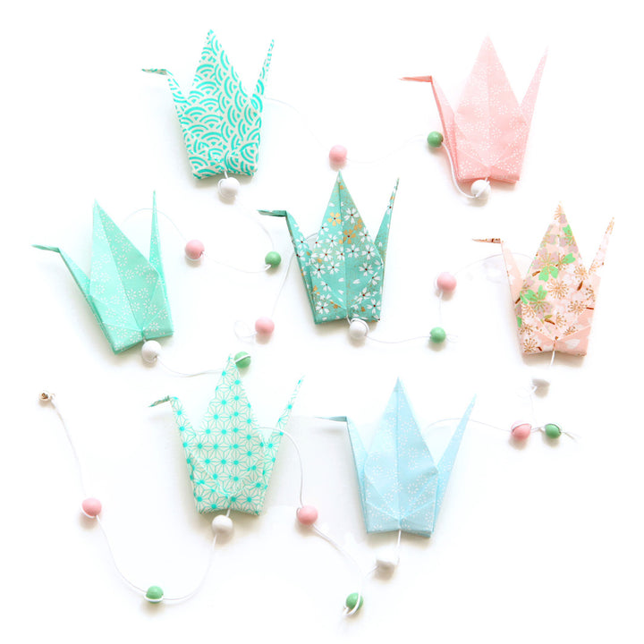 Guirlande de Grues en Origami - Rose et Vert d'Eau - GR2