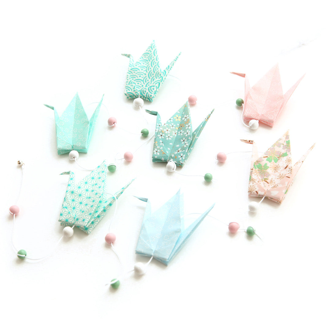 Guirlande de Grues en Origami - Rose et Vert d'Eau - GR2