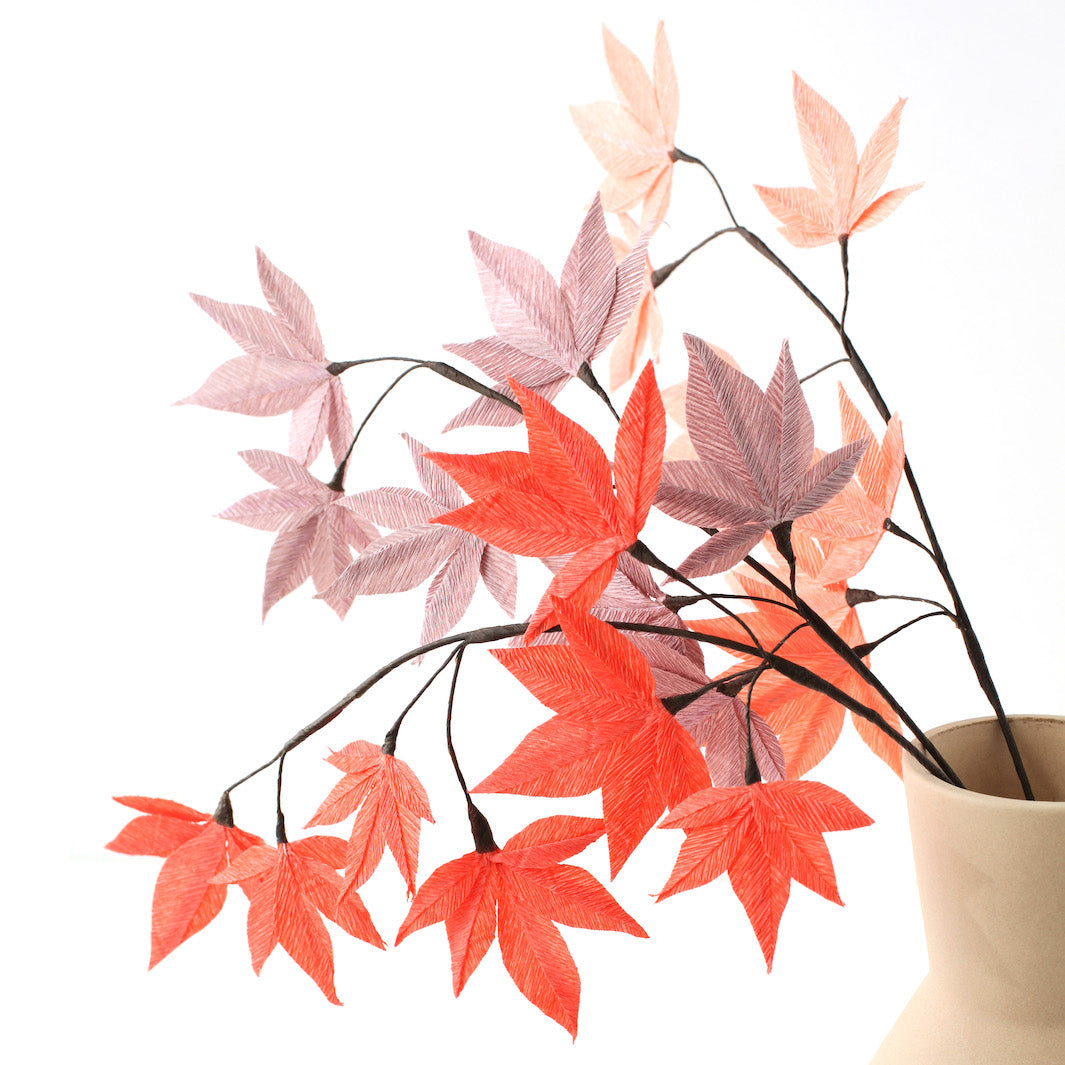 Kit 3 Branchages Feuilles d'Érable en Crépon - Rose Saumon, Corail Vif et Mauve et - Corail