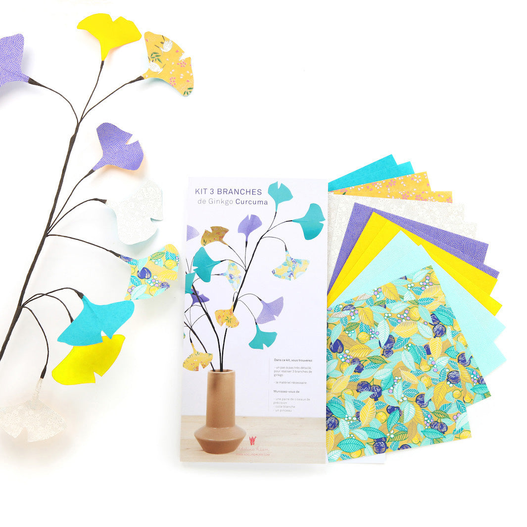 Kit 3 Branches de Ginkgo - Jaune, Vert et Violet - Curcuma