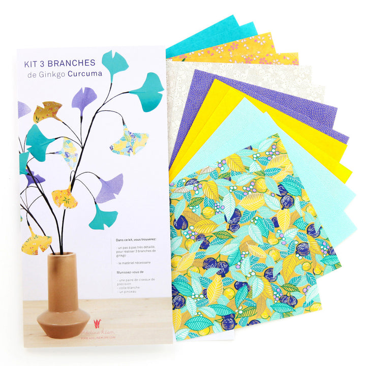 Kit 3 Branches de Ginkgo - Jaune, Vert et Violet - Curcuma