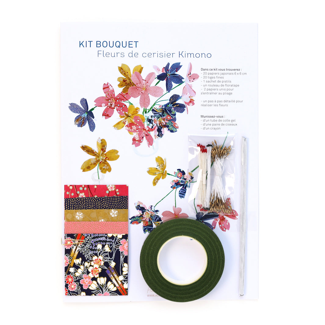 Kit Bouquet de Fleurs de Cerisier - Violet, Bleu Nuit, Jaune Moutarde et Rose - Kimono