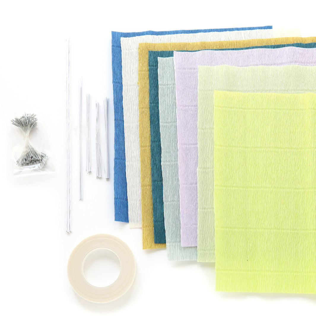 Kit Bouquet d'Hortensia en Crépon - Bleu, Vert, Gris, Jaune et Mauve - Ouessant