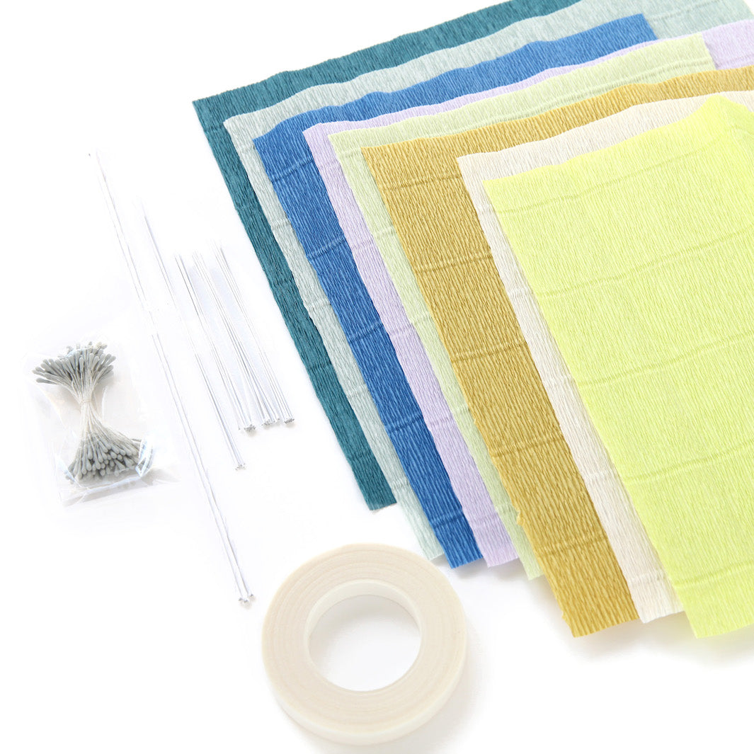 Kit Bouquet d'Hortensia en Crépon - Bleu, Vert, Gris, Jaune et Mauve - Ouessant