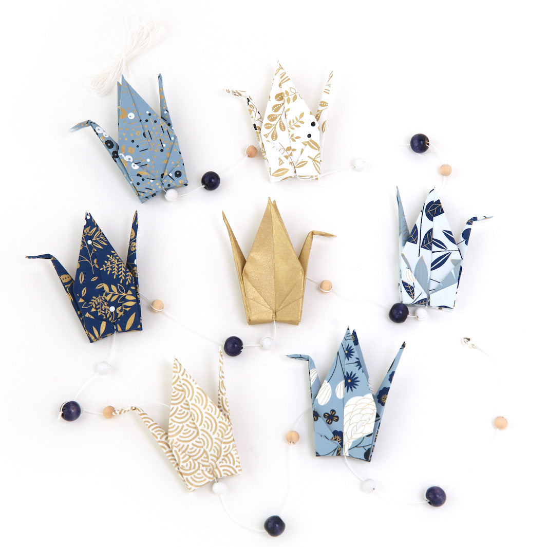 Kit Guirlande de Grues en origami - Bleu, Bleu Marine, Blanc et Or - Oslo - ML2