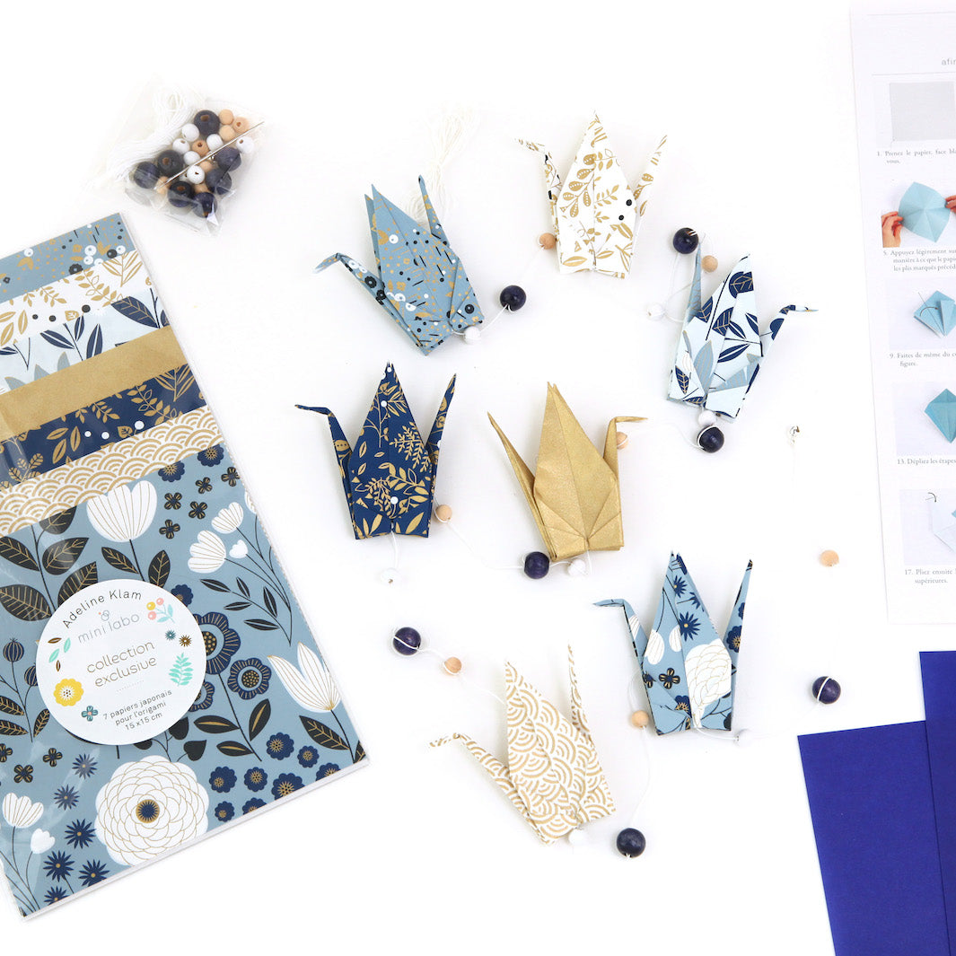 Kit Guirlande de Grues en origami - Bleu, Bleu Marine, Blanc et Or - Oslo - ML2