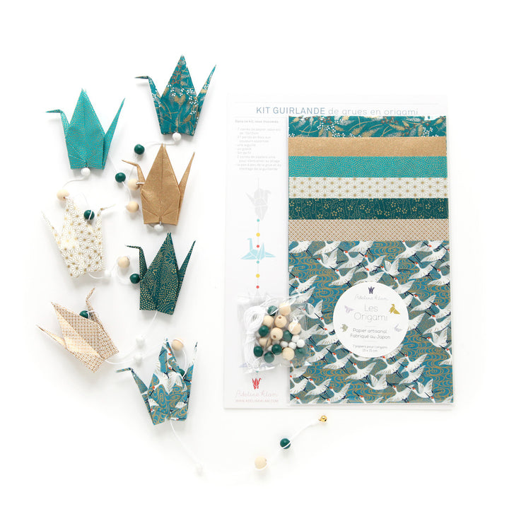 Kit Guirlande de Grues en origami - Bleu Canard, Blanc et Or - Venise - E3
