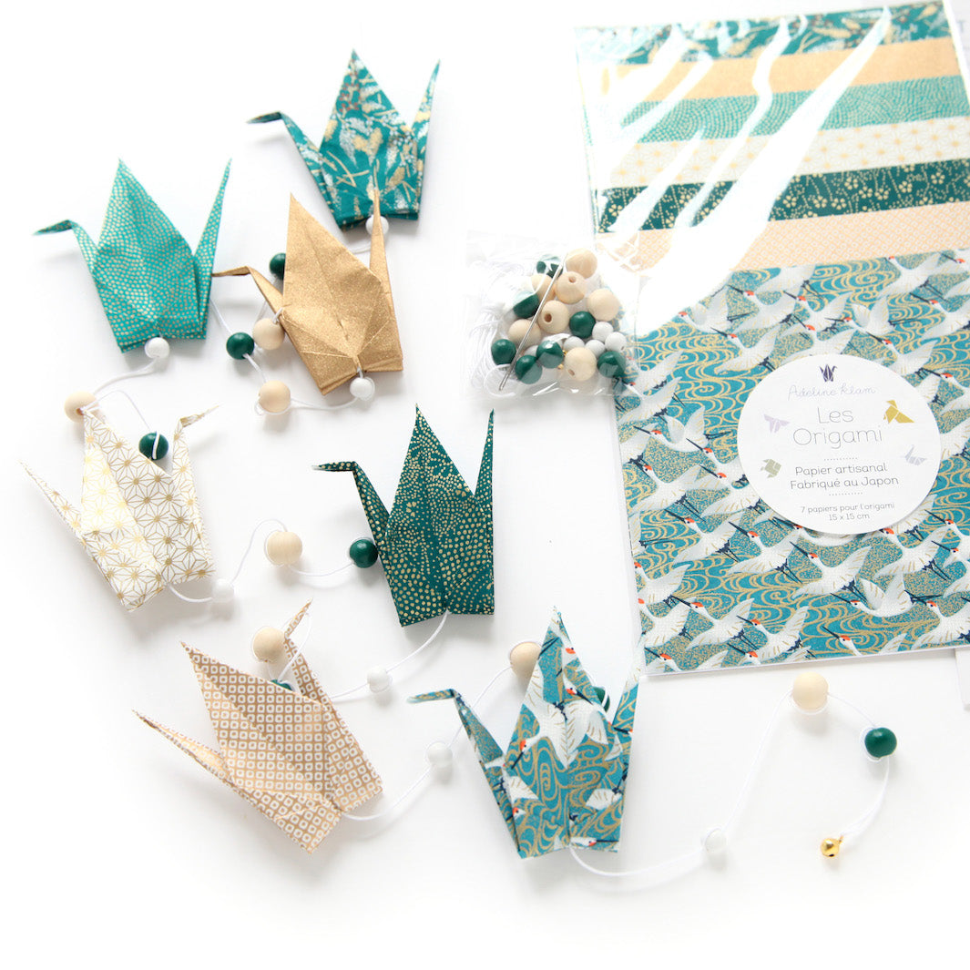 Kit Guirlande de Grues en origami - Bleu Canard, Blanc et Or - Venise - E3