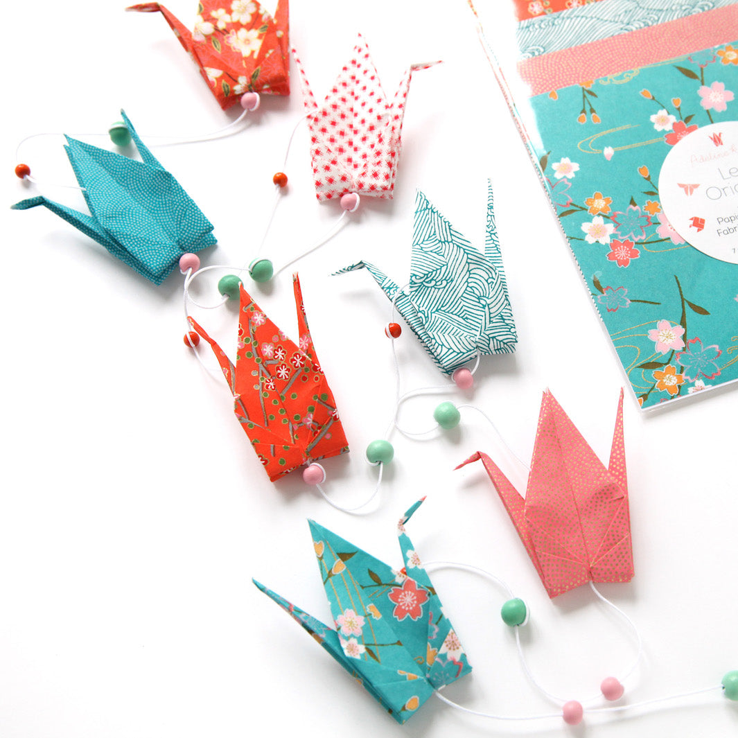 Kit Guirlande de Grues en origami - Bleu Turquoise, Rouge Orangé et Rose - Miyakojima - T3