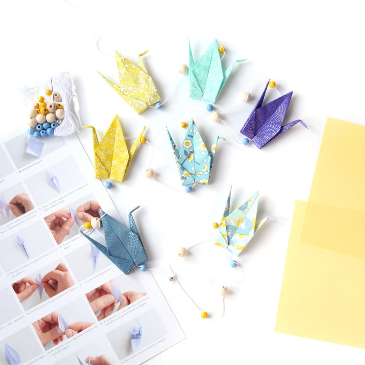 Kit Guirlande de Grues en origami - Bleu, Vert d'Eau et Jaune Acidulé  - Gai Pinson - G4