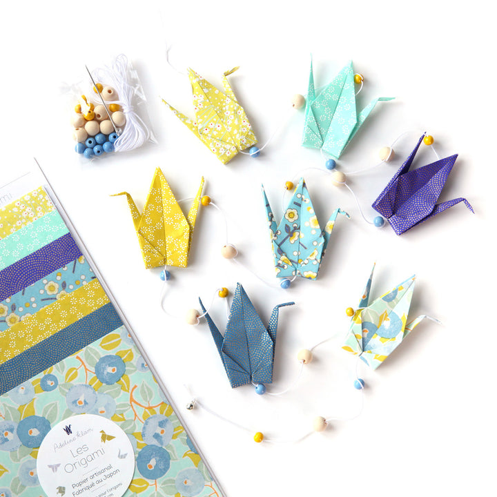 Kit Guirlande de Grues en origami - Bleu, Vert d'Eau et Jaune Acidulé  - Gai Pinson - G4