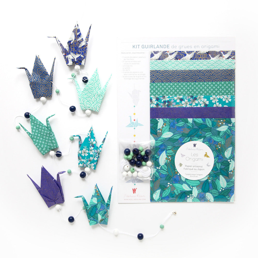 Kit Guirlande de Grues en origami - Bleu, Vert d'Eau, Violet et Blanc - Paon - Z4