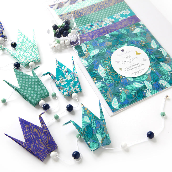 Kit Guirlande de Grues en origami - Bleu, Vert d'Eau, Violet et Blanc - Paon - Z4