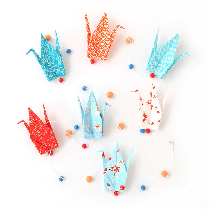 Kit Guirlande de Grues en origami - Rouge, Bleu, Turquoise et Blanc Nacré - Bassin Japonais - T2