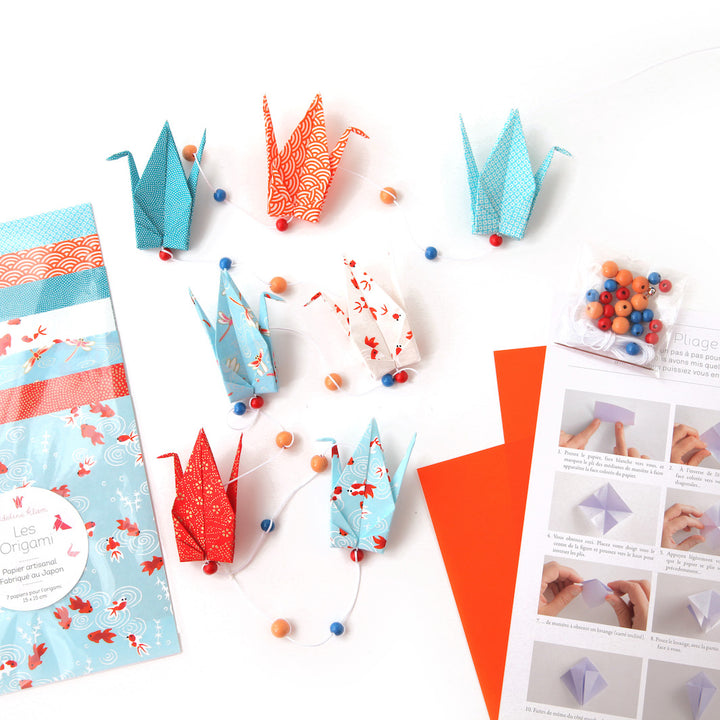 Kit Guirlande de Grues en origami - Rouge, Bleu, Turquoise et Blanc Nacré - Bassin Japonais - T2