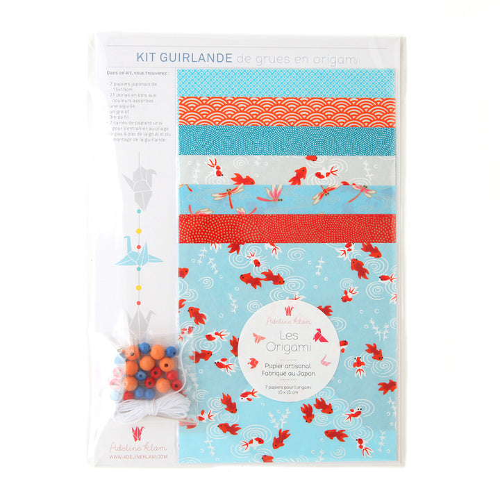 Kit Guirlande de Grues en origami - Rouge, Bleu, Turquoise et Blanc Nacré - Bassin Japonais - T2