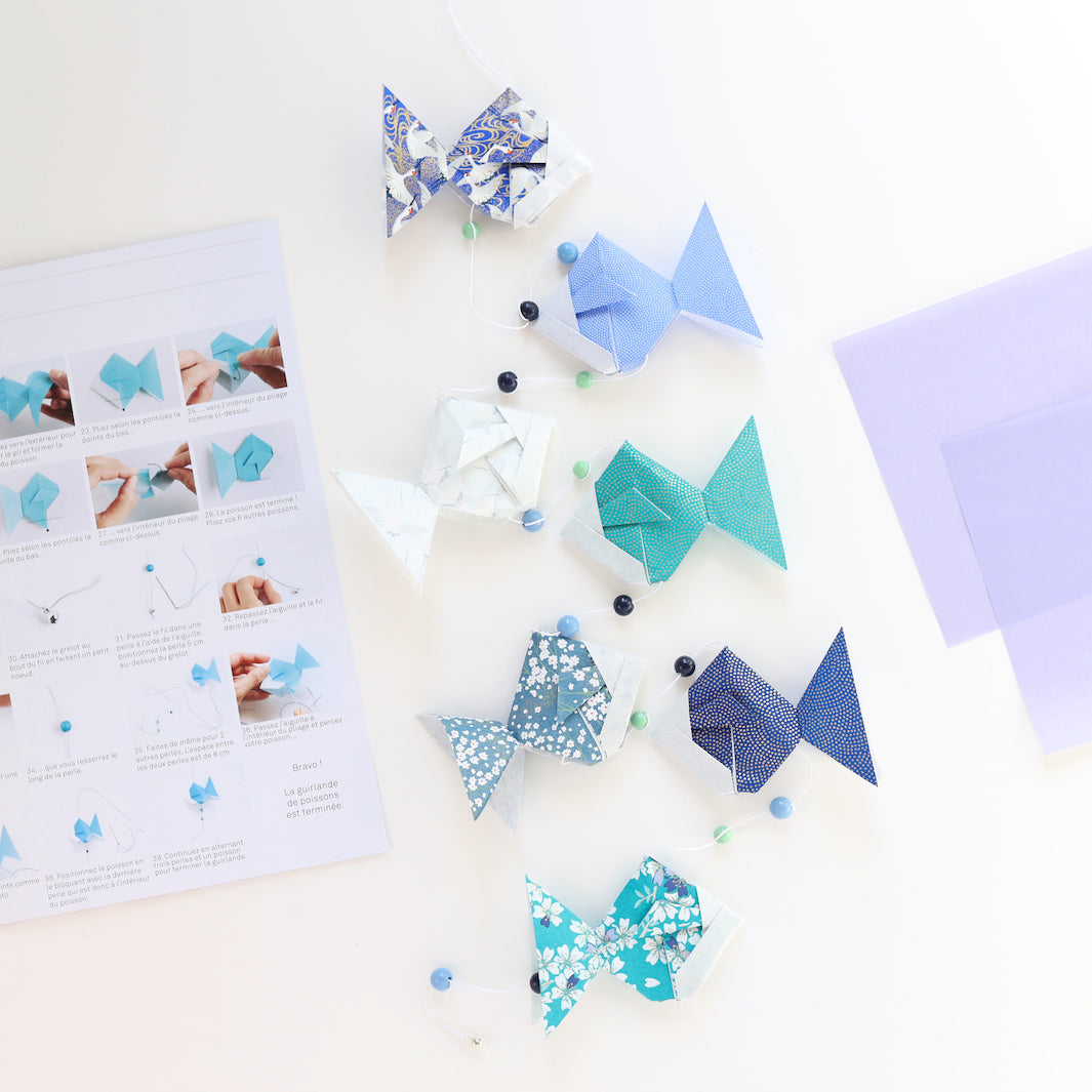 Kit Guirlande de Poissons en Origami - Bleu, Vert d'eau, Violet et Blanc - Aokakesu - Z5