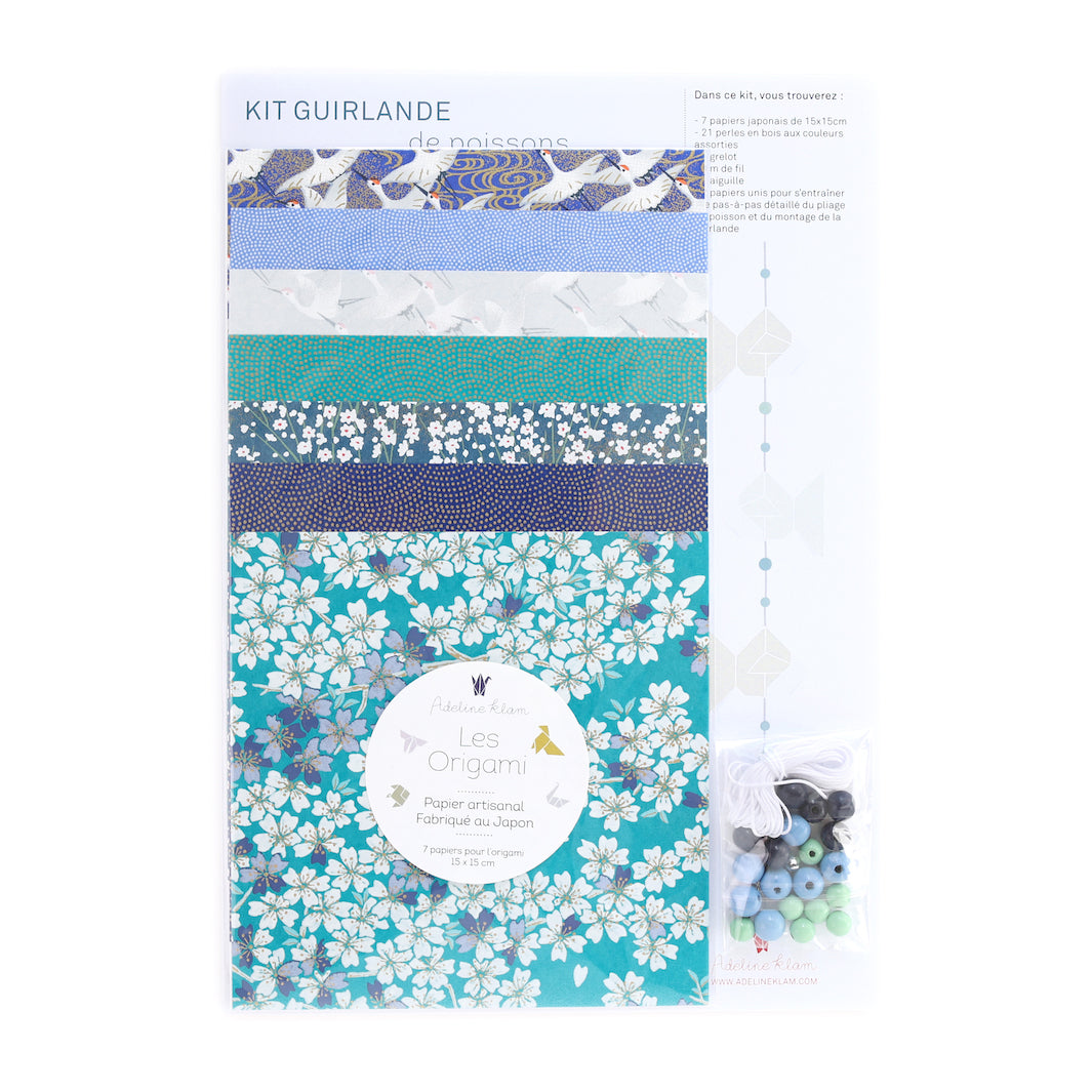 Kit Guirlande de Poissons en Origami - Bleu, Vert d'eau, Violet et Blanc - Aokakesu - Z5