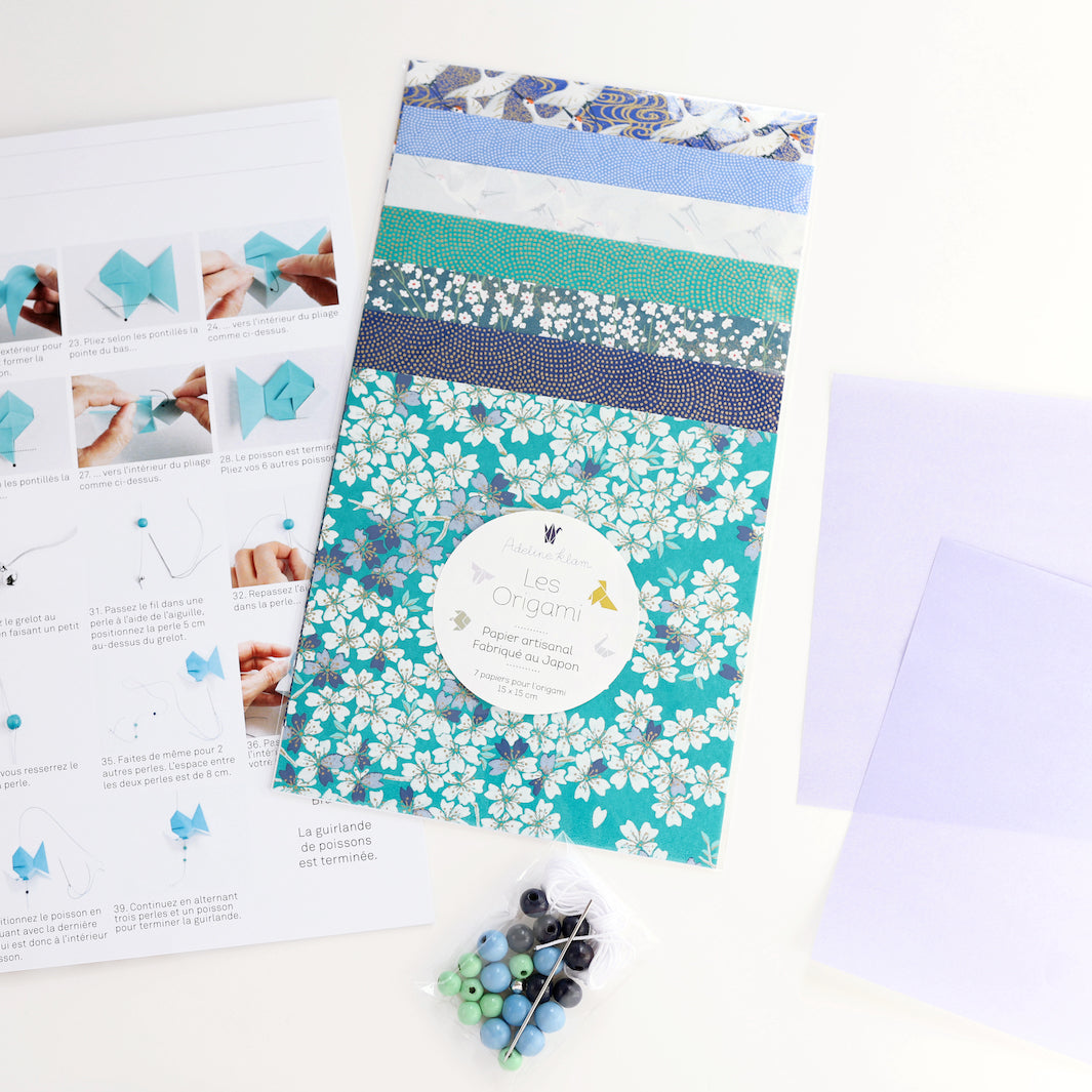 Kit Guirlande de Poissons en Origami - Bleu, Vert d'eau, Violet et Blanc - Aokakesu - Z5