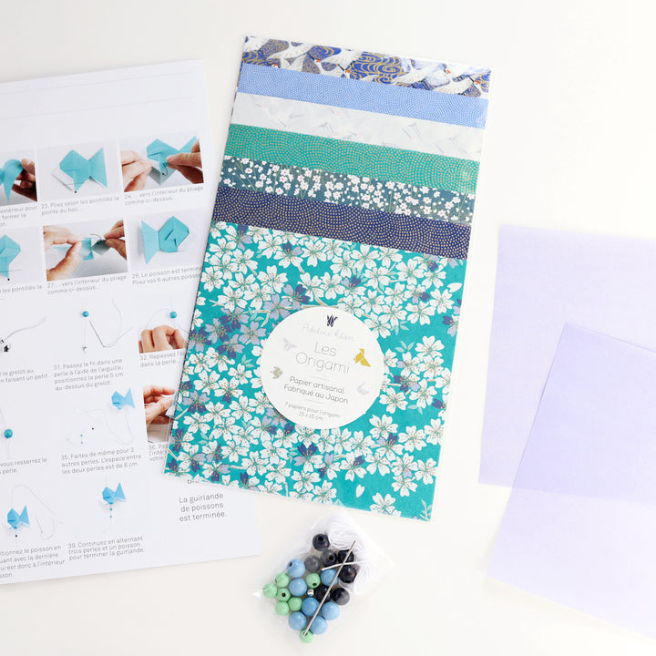 Kit Guirlande de Poissons en Origami - Bleu, Vert d'eau, Violet et Blanc - Aokakesu - Z5