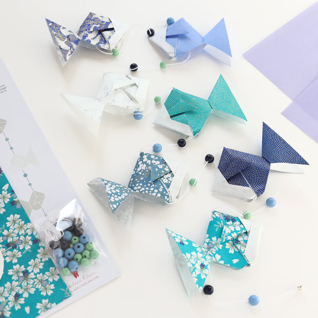 Kit Guirlande de Poissons en Origami - Bleu, Vert d'eau, Violet et Blanc - Aokakesu - Z5