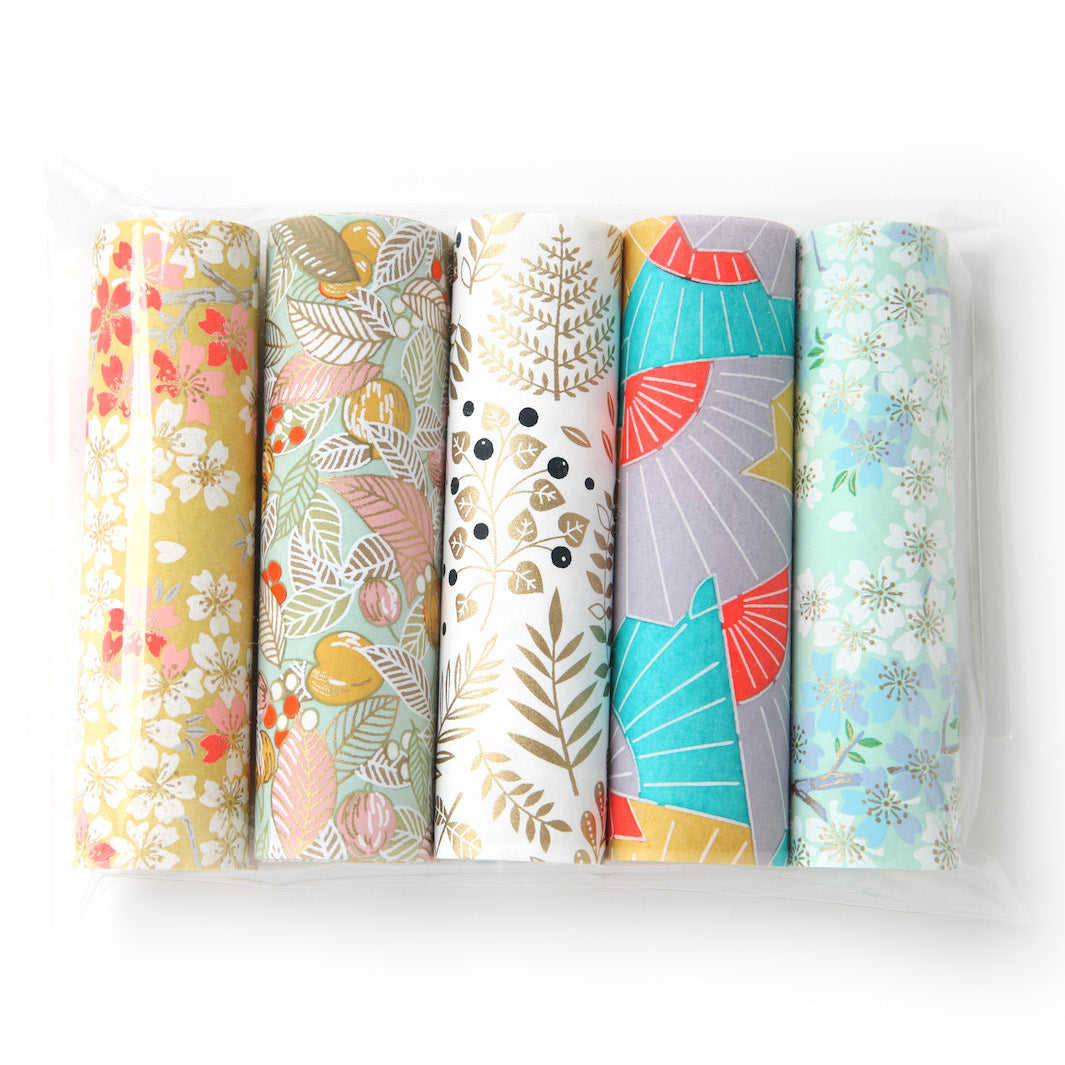 Lot de 5 rouleaux de papiers japonais - Vert d'Eau, Corail, Jaune Moutard, Rose, Mauve et Or