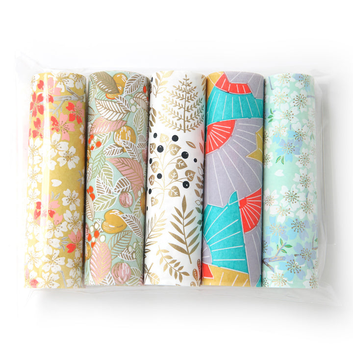 Lot de 5 rouleaux de papiers japonais - Vert d'Eau, Corail, Jaune Moutard, Rose, Mauve et Or