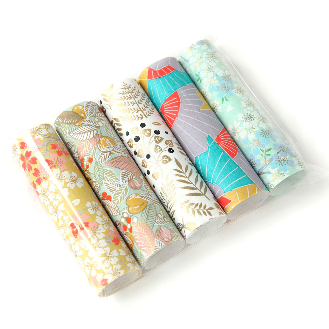 Lot de 5 rouleaux de papiers japonais - Vert d'Eau, Corail, Jaune Moutard, Rose, Mauve et Or