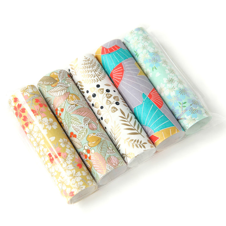 Lot de 5 rouleaux de papiers japonais - Vert d'Eau, Corail, Jaune Moutard, Rose, Mauve et Or