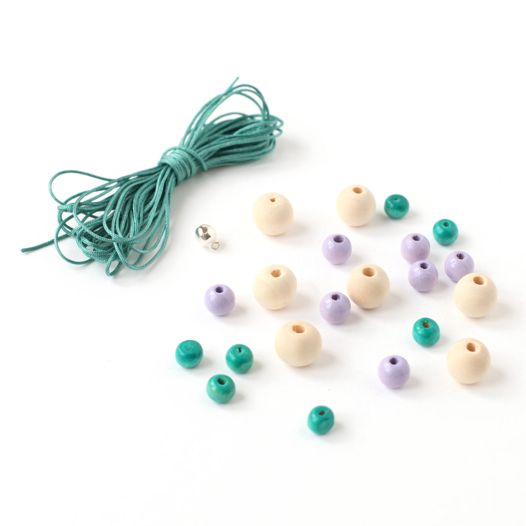 Lot de Fil & Perles - Fil 3m,  Vert de Gris - 21 Perles, Naturel, Mauve et Turquoise - D