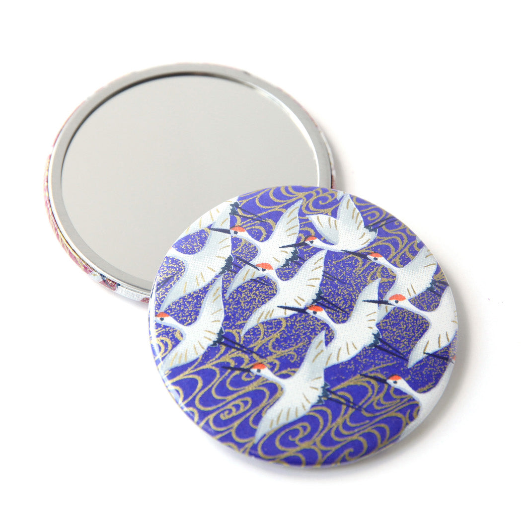Miroir de Poche en Papier Japonais - Envolée de Grues - Bleu Nuit - M933