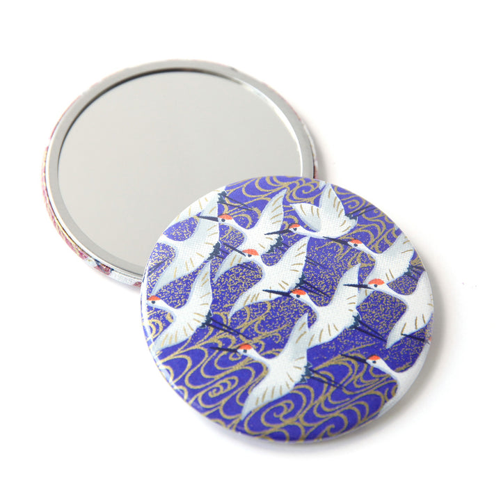 Miroir de Poche en Papier Japonais - Envolée de Grues - Bleu Nuit - M933