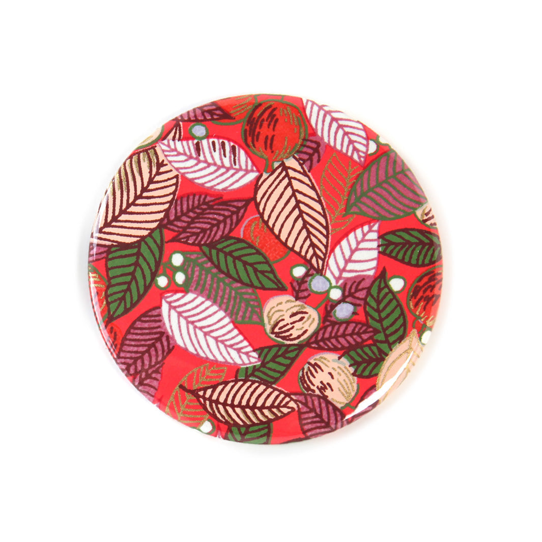 Miroir de Poche en Papier Japonais - Feuilles, Baies et Fruits - Rouge, Vert et Lie de Vin - M934