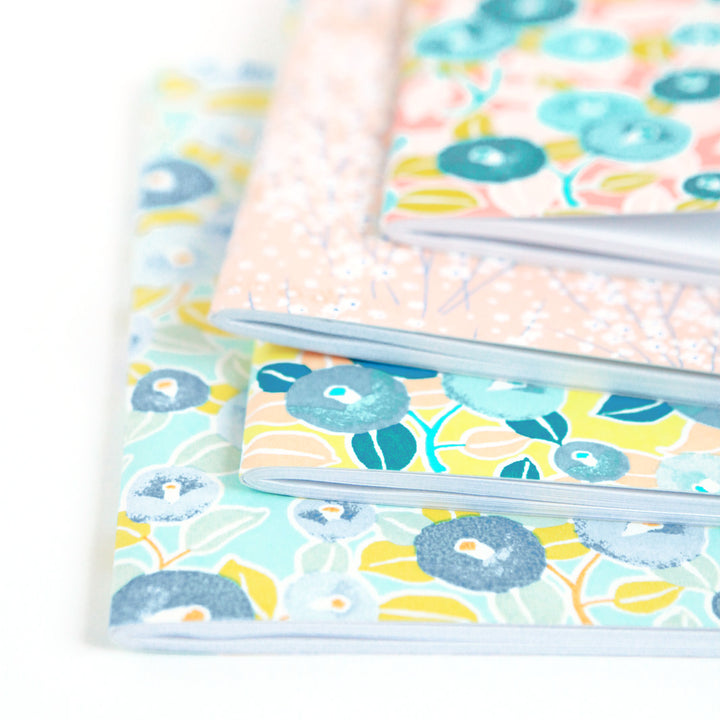 Carnet Papier Japonais - Camélias - Vert d'eau et Anis, Bleu et Lavande - M806
