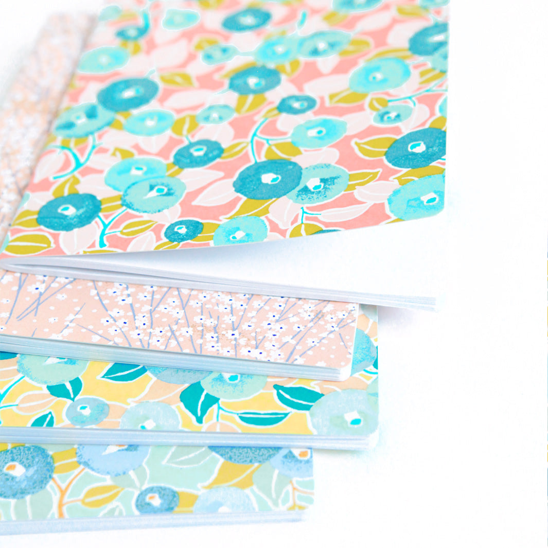 Carnet Papier Japonais - Camélias - Vert d'eau et Anis, Bleu et Lavande - M806