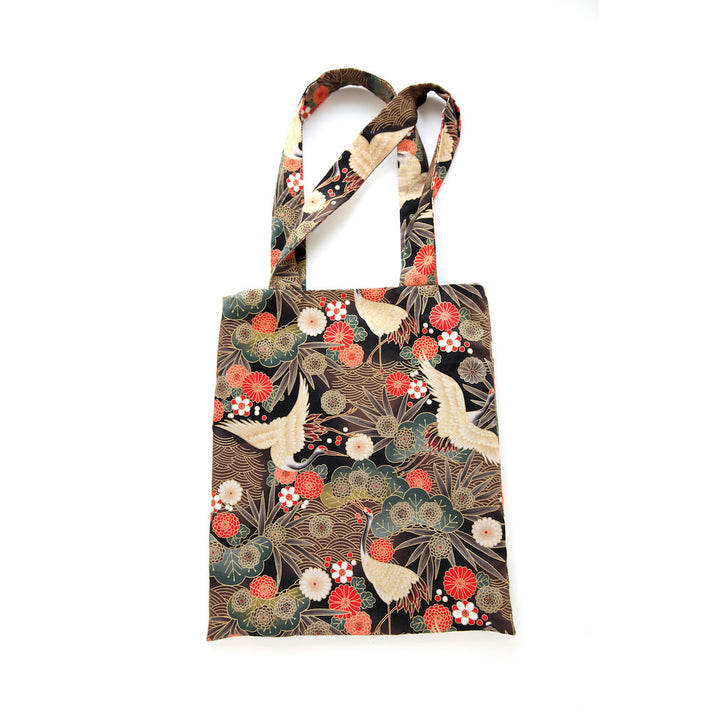 Cabas en Tissus Japonais - Grues, Pins et Chrysanthème - Noir, Taupe, Rouge et Vert