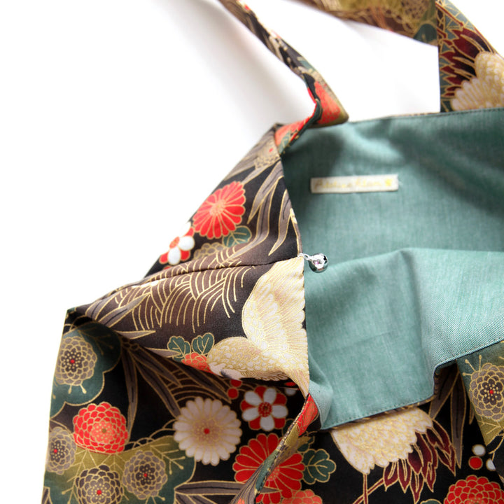 Cabas en Tissus Japonais - Grues, Pins et Chrysanthème - Noir, Taupe, Rouge et Vert