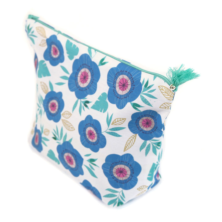 Trousse avec Fond en Tissus - Grosses Fleurs - Bleu, Turquoise, Vert d'Eau et Blanc