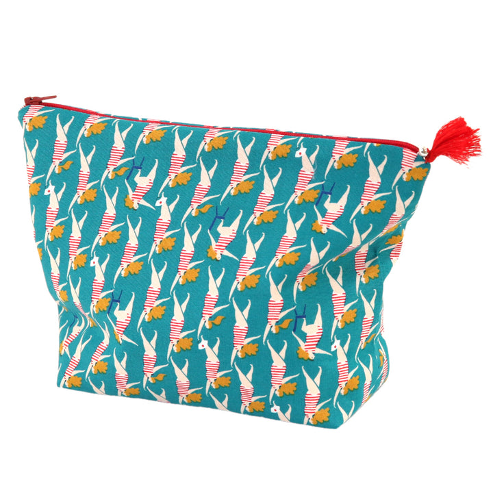 Trousse avec Fond en Tissus Japonais - Baigneuse - Turquoise, Rouge et Jaune