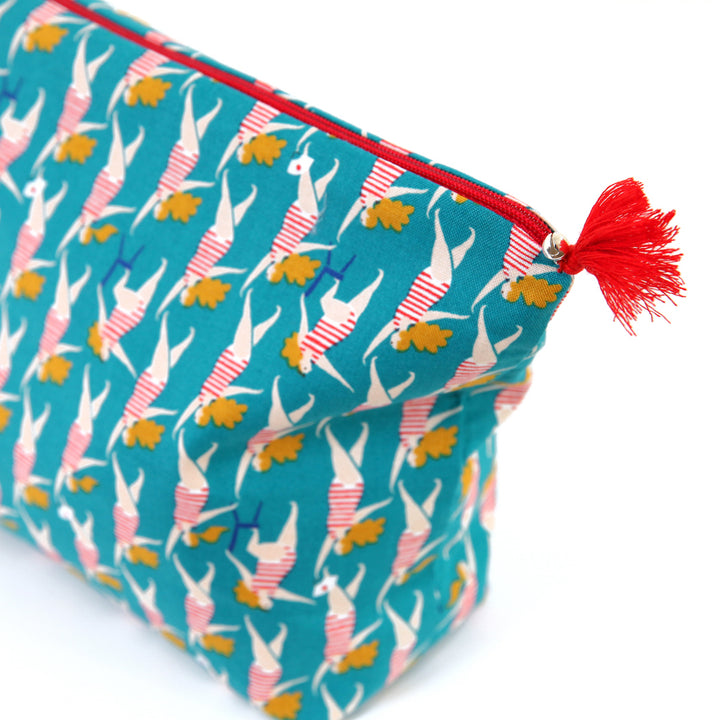 Trousse avec Fond en Tissus Japonais - Baigneuse - Turquoise, Rouge et Jaune