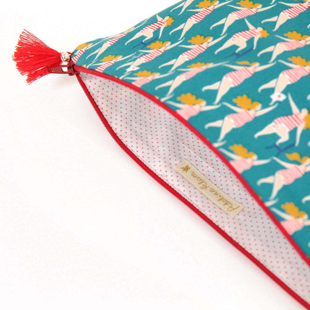 Trousse avec Fond en Tissus Japonais - Baigneuse - Turquoise, Rouge et Jaune