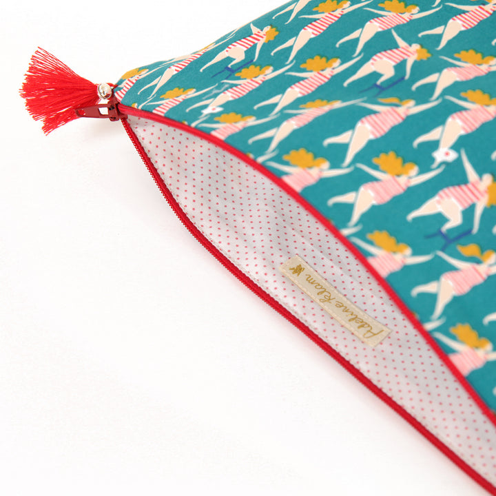 Trousse avec Fond en Tissus Japonais - Baigneuse - Turquoise, Rouge et Jaune