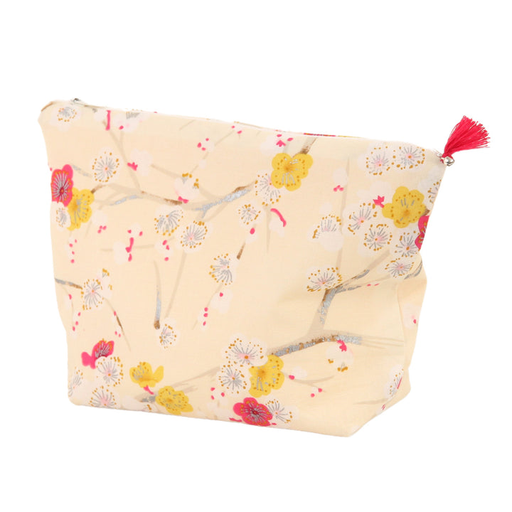 Trousse avec Fond en Tissus Japonais - Branches de Fleurs de Prunier - Beige, Jaune et Rose